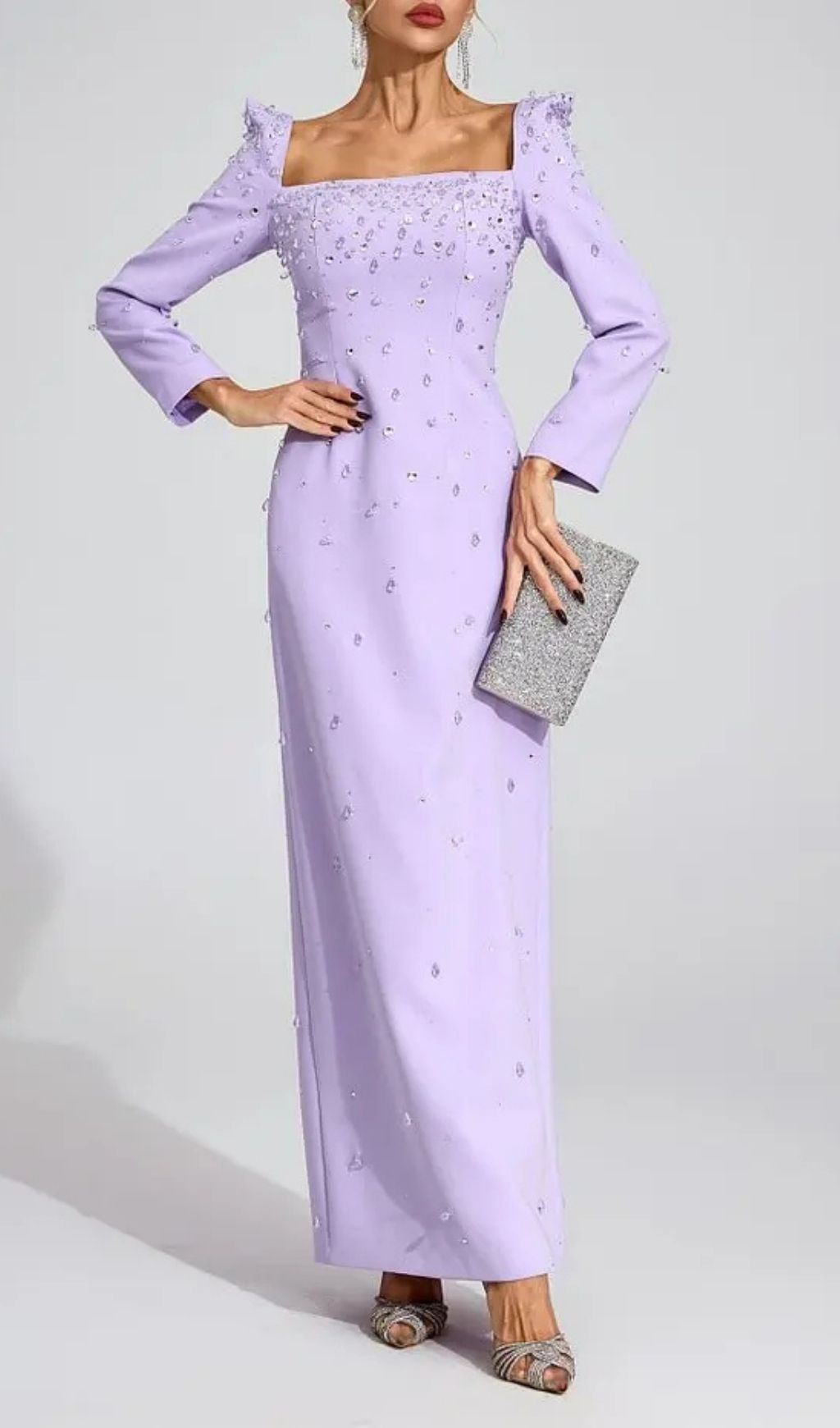 Lynn Square Neck Beaded Rhinestone Maxi Dress – Purple - OWNCI Lynn Square Neck Beaded Rhinestone Maxi Dress – Purple - OWNCI
