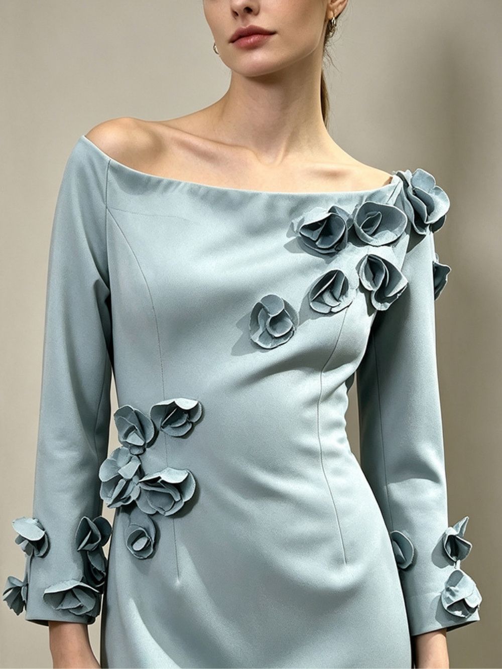 9c064a41d34e74c297d9bdf6349a1f70 Maelie Haze Blue Off-Shoulder Flower Maxi Dress
