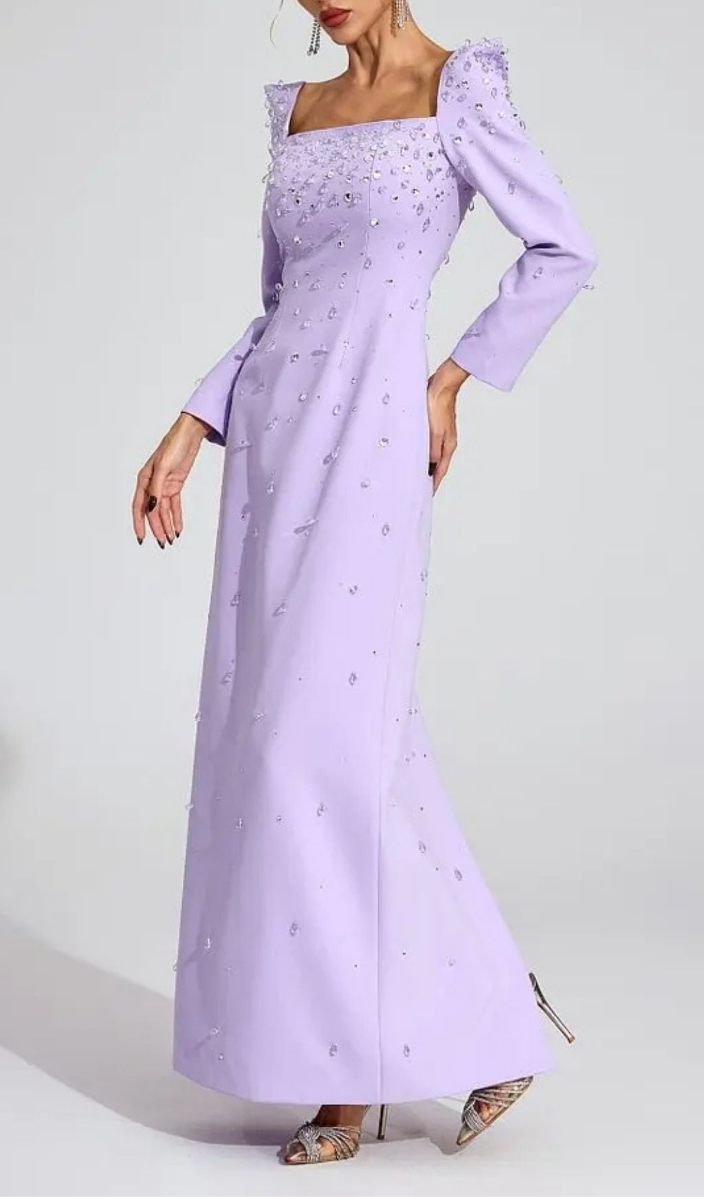 Lynn Square Neck Beaded Rhinestone Maxi Dress - Purple