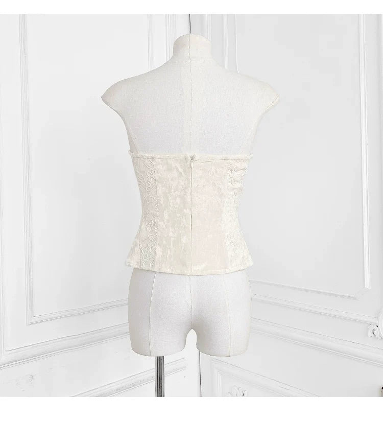 9c715b2a0f4f0f1e08f8955af8f7b50b Strapless Ruffle Lace Trim Velvet Jacquard Corset Top