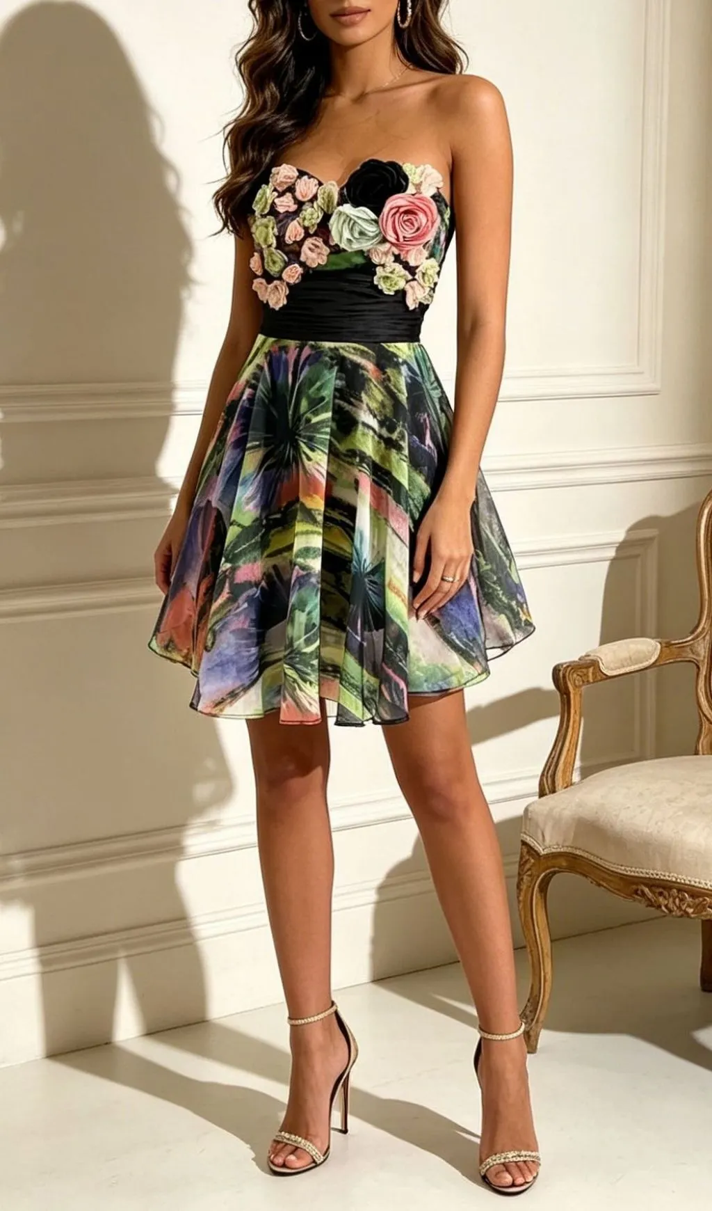 Fashionslee Women Libussa Strapless Flower Embellished Printed Mini Dress