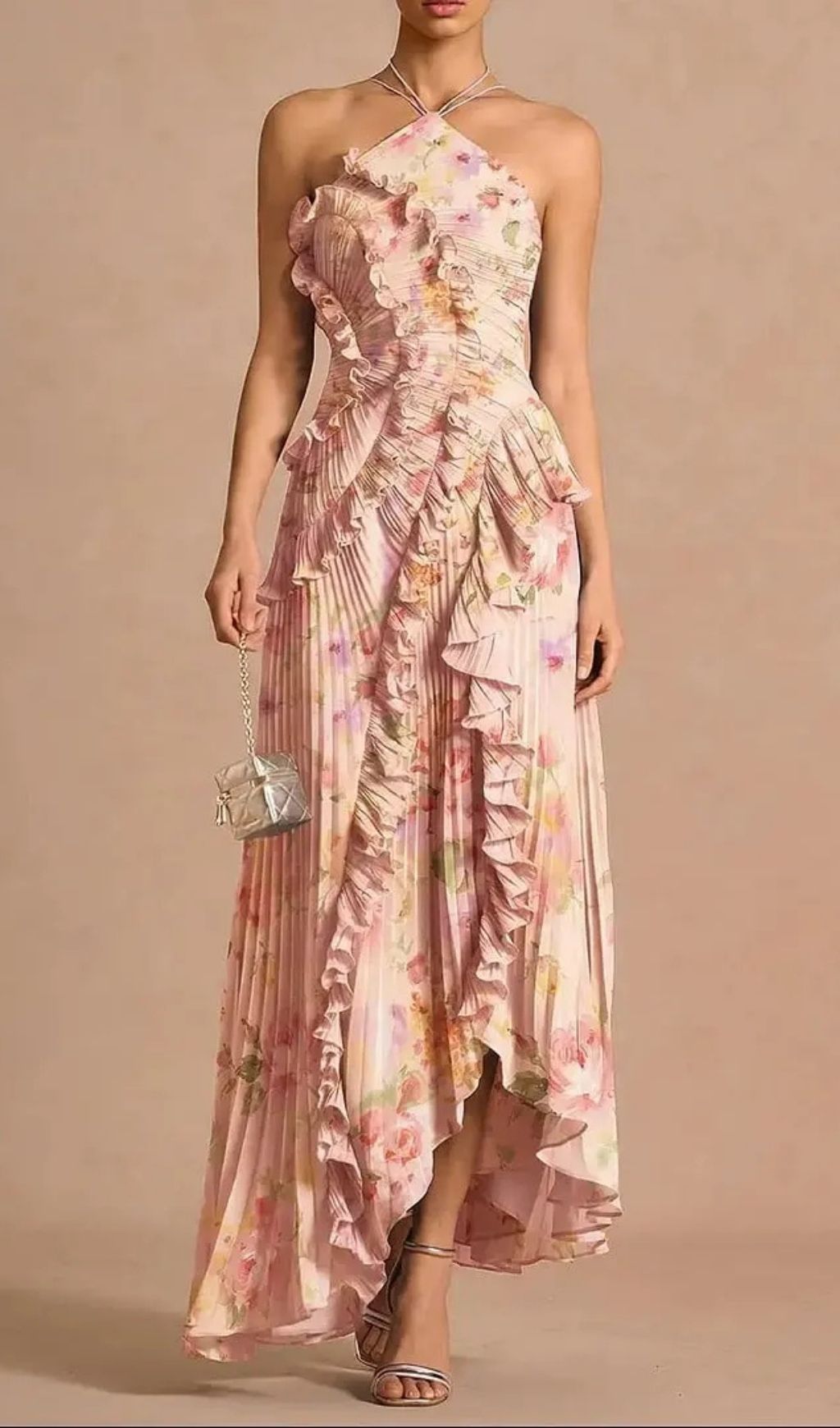 Marcia Bouquet Floral Ruffle Trim Pleated Maxi Dress