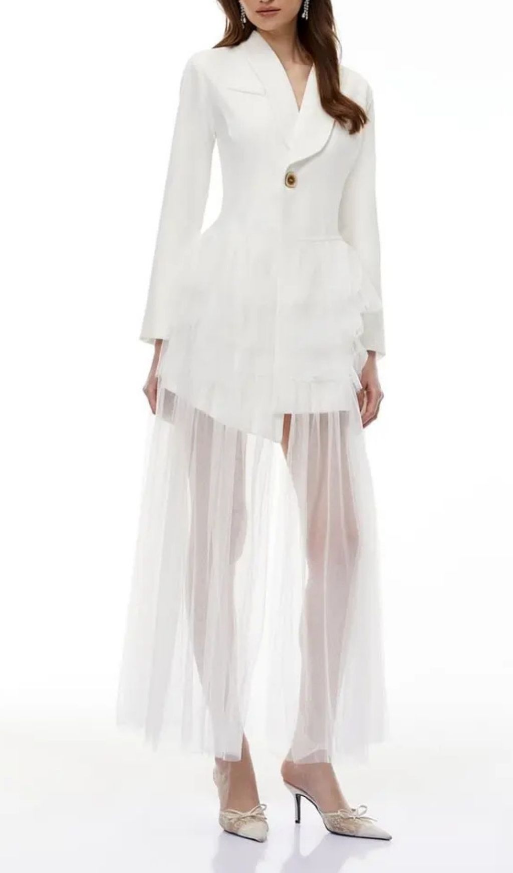 Illyria White Blazer Maxi Dress with Ruffled Tulle