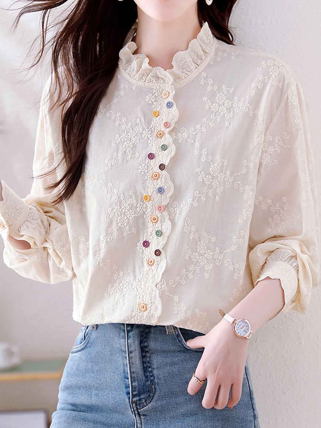 9d09c3651a9046a1d52da7ab773acdf5 Xaviera Classic Ruffle Collar Hollowed Embroidered Top