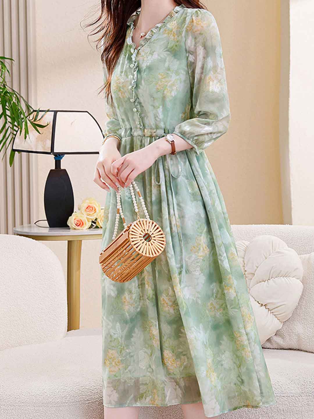 Martha Vacation Auricular Collar Jacquard Drawstring Dress