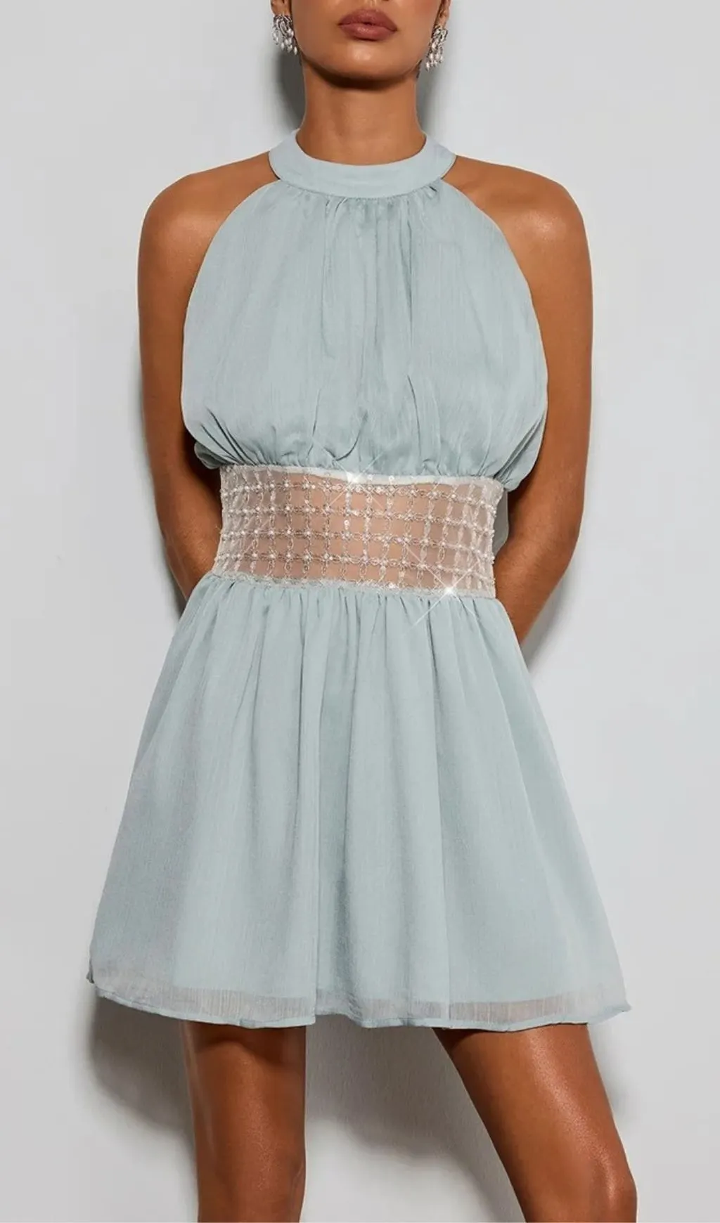 Devri Halterneck Sequin Pearl Mini Dress