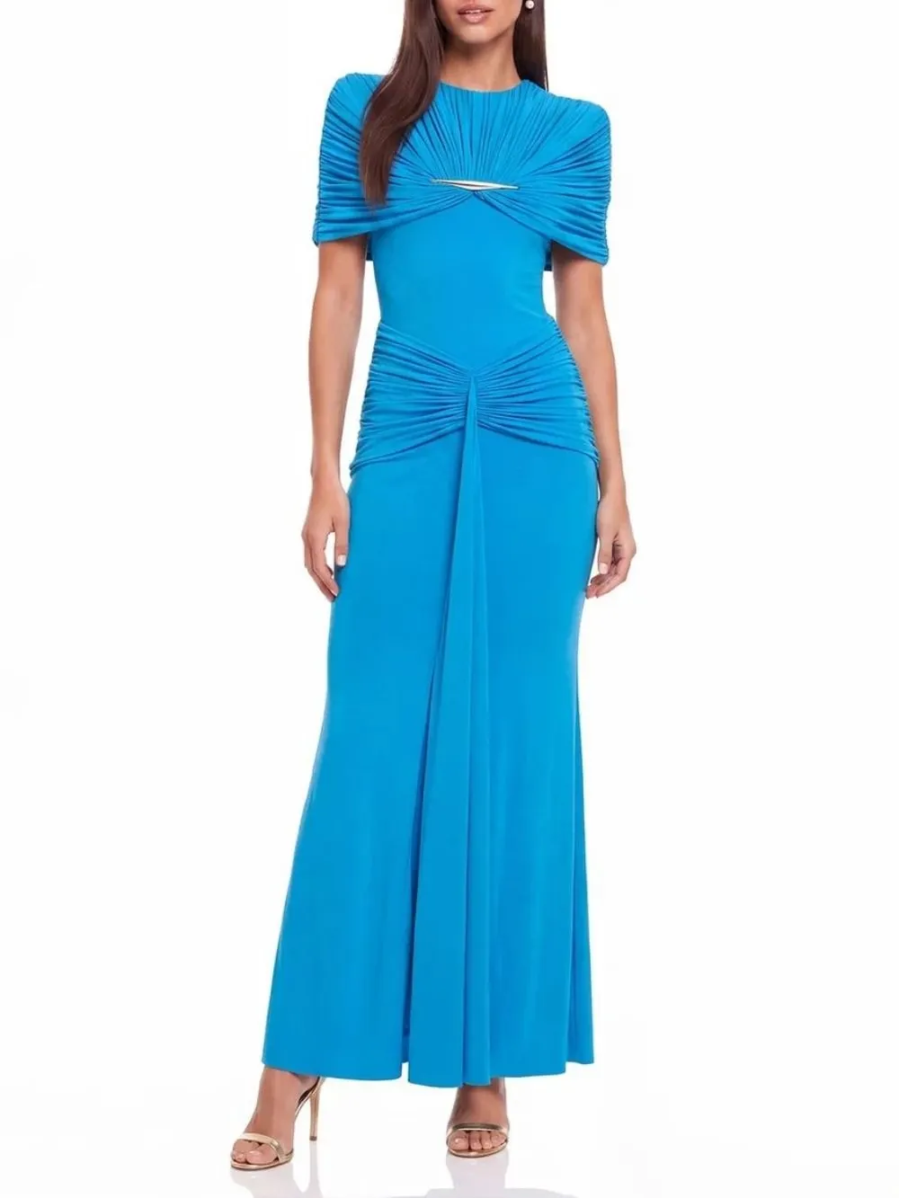 Quvion Shoulder Pad Ruched Maxi Dress In Blue - OWNCI