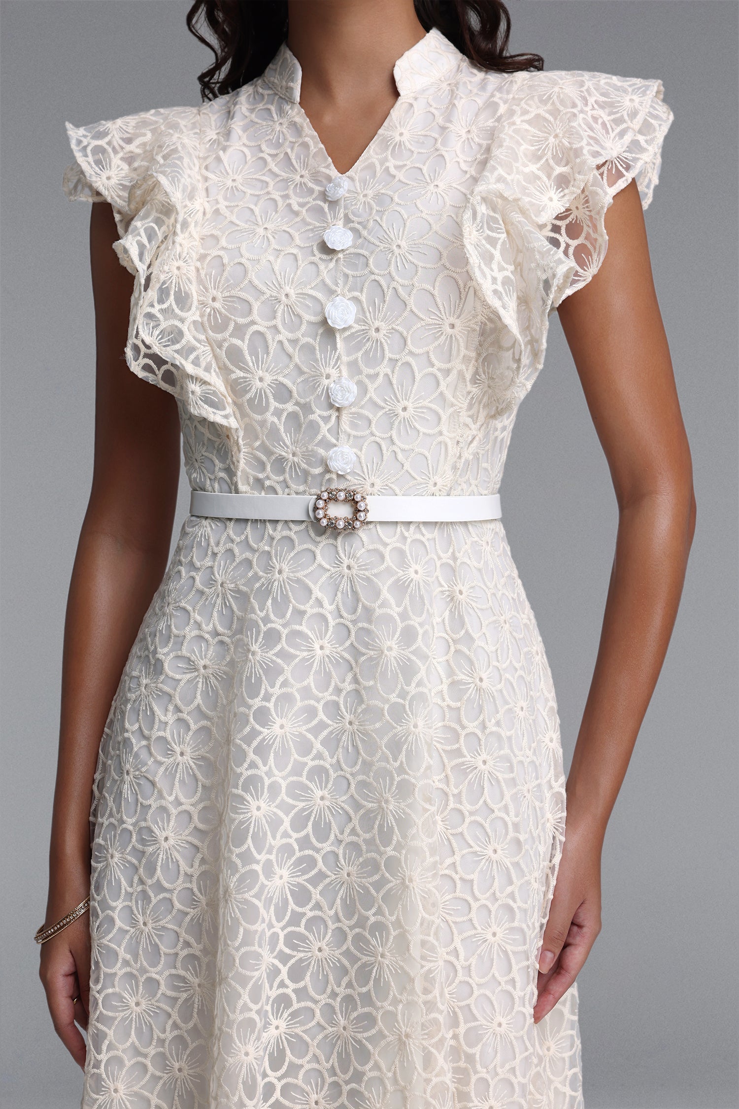 9da2cef68e36e1063746a8d8b339bccb Mandarin Collar Ruffle Sleeve Floral Lace Midi Dress With Belt