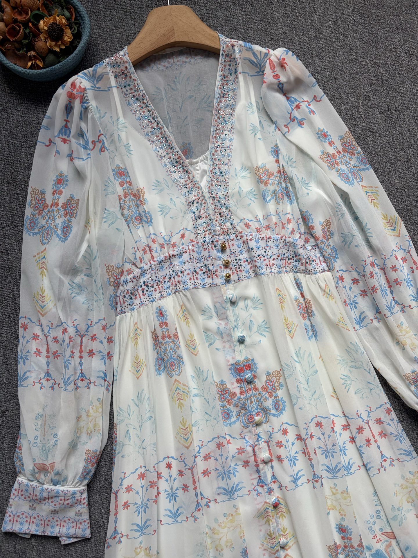 Lesley Printed V-Neck Lantern Sleeve Slit Maxi Dress - Blue