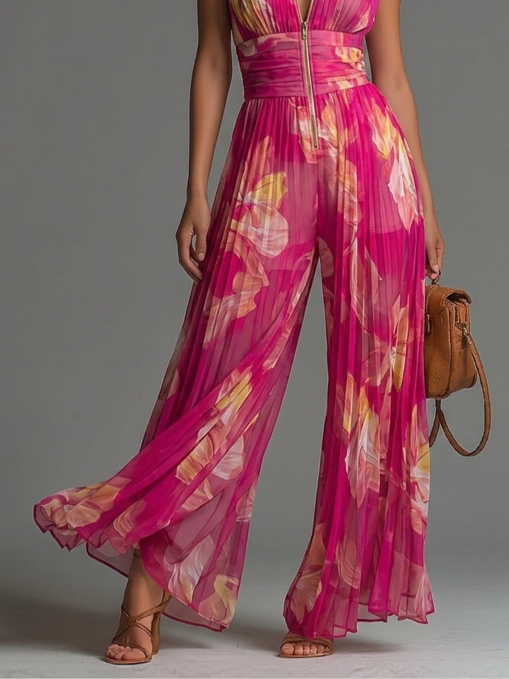 9daef42362d30db109af3d67107dd1ac Fuchsia Floral Print Sleeveless Zippered Pleated Wide-leg Chiffon Jumpsuit