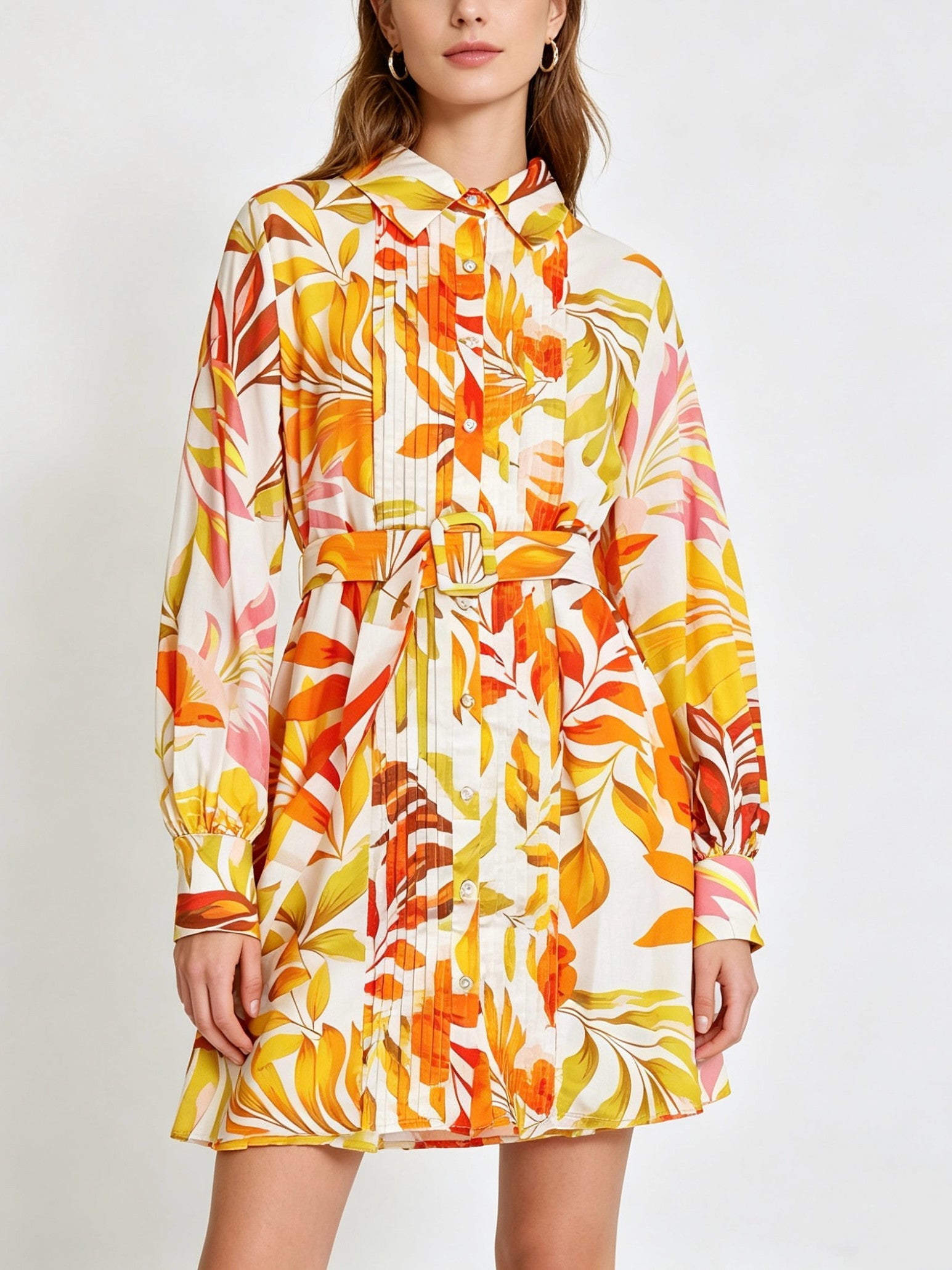 Plant Floral Organ Pleated Shell Button Shirt Dress