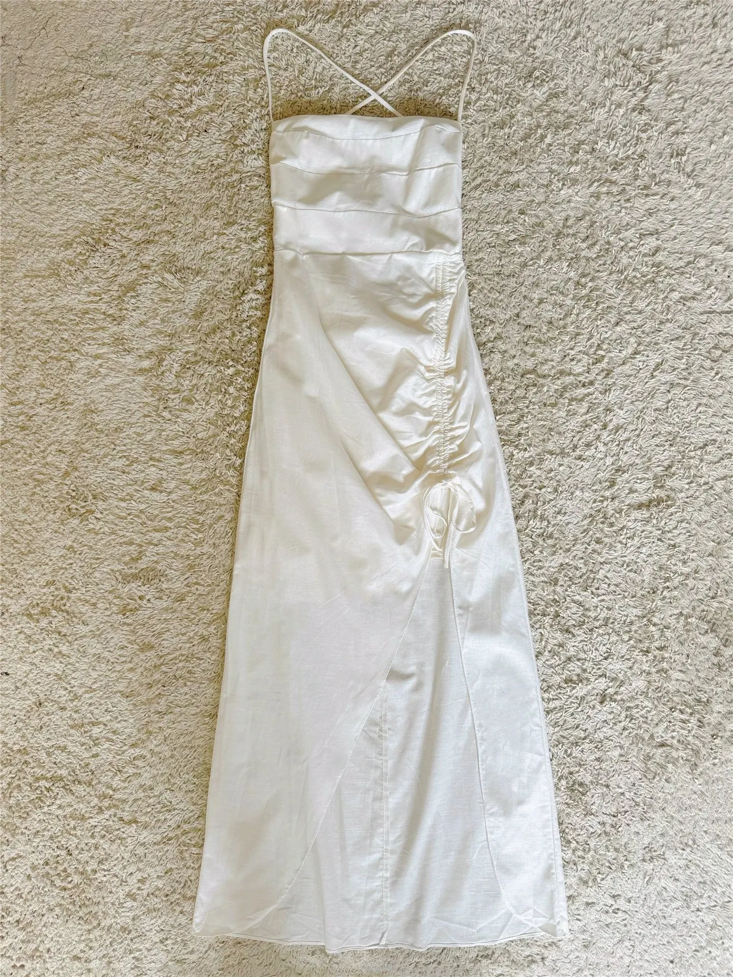 Crisscross Spaghetti Strap Ruched Split Maxi Dress