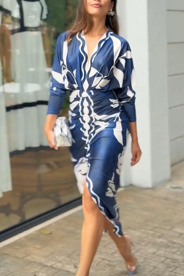 Unique Print Dolman Long Sleeve Ruched Slit Midi Dress - OWNCI Unique Print Dolman Long Sleeve Ruched Slit Midi Dress - OWNCI