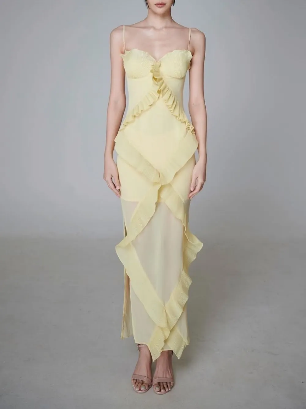 Mallie Yellow Spaghetti Pleated Ruffle Maxi Dress