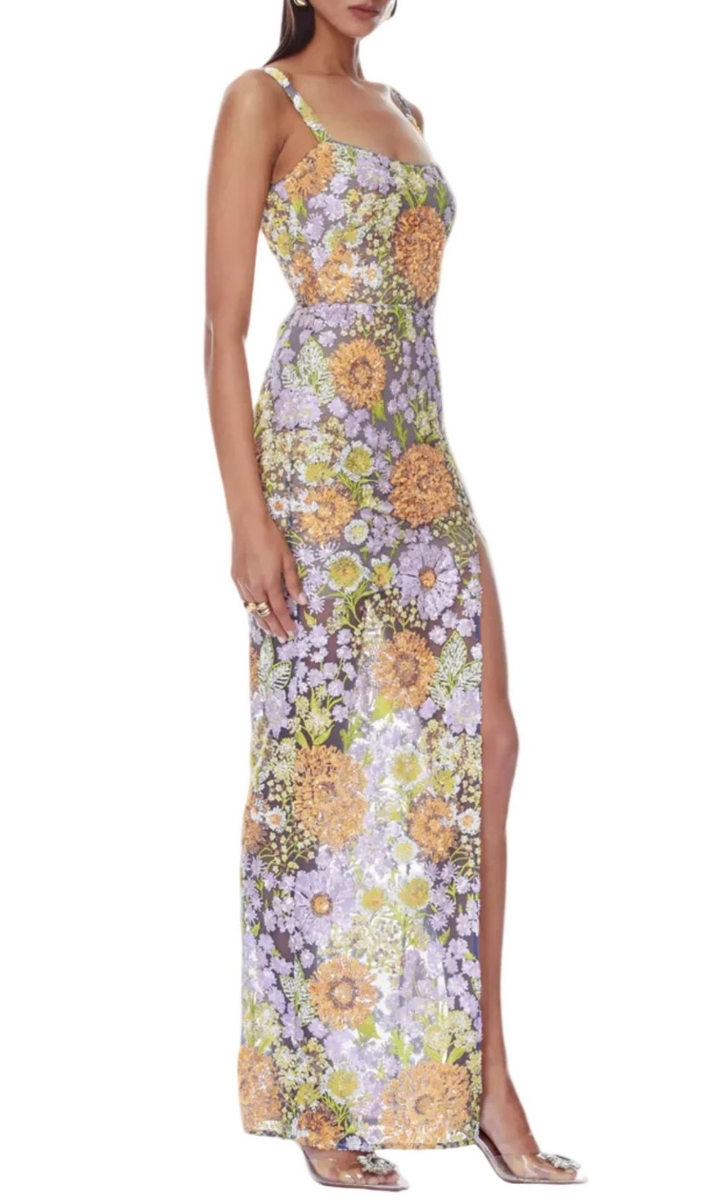 Armida Floral Sequin Slit Maxi Dress