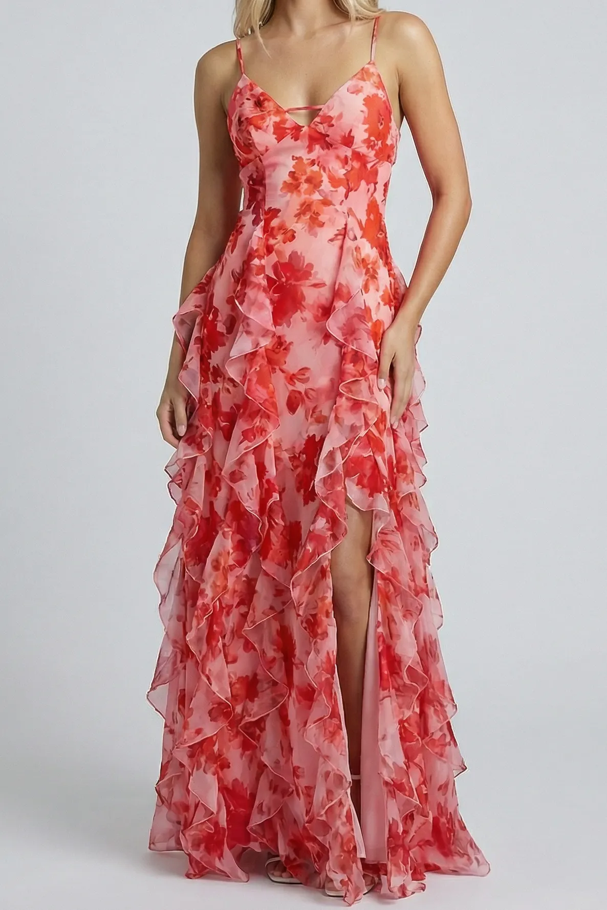 9ea267889263b8429844453a66b96605 Floral Print Ruffle High Slit Maxi Dress - Red