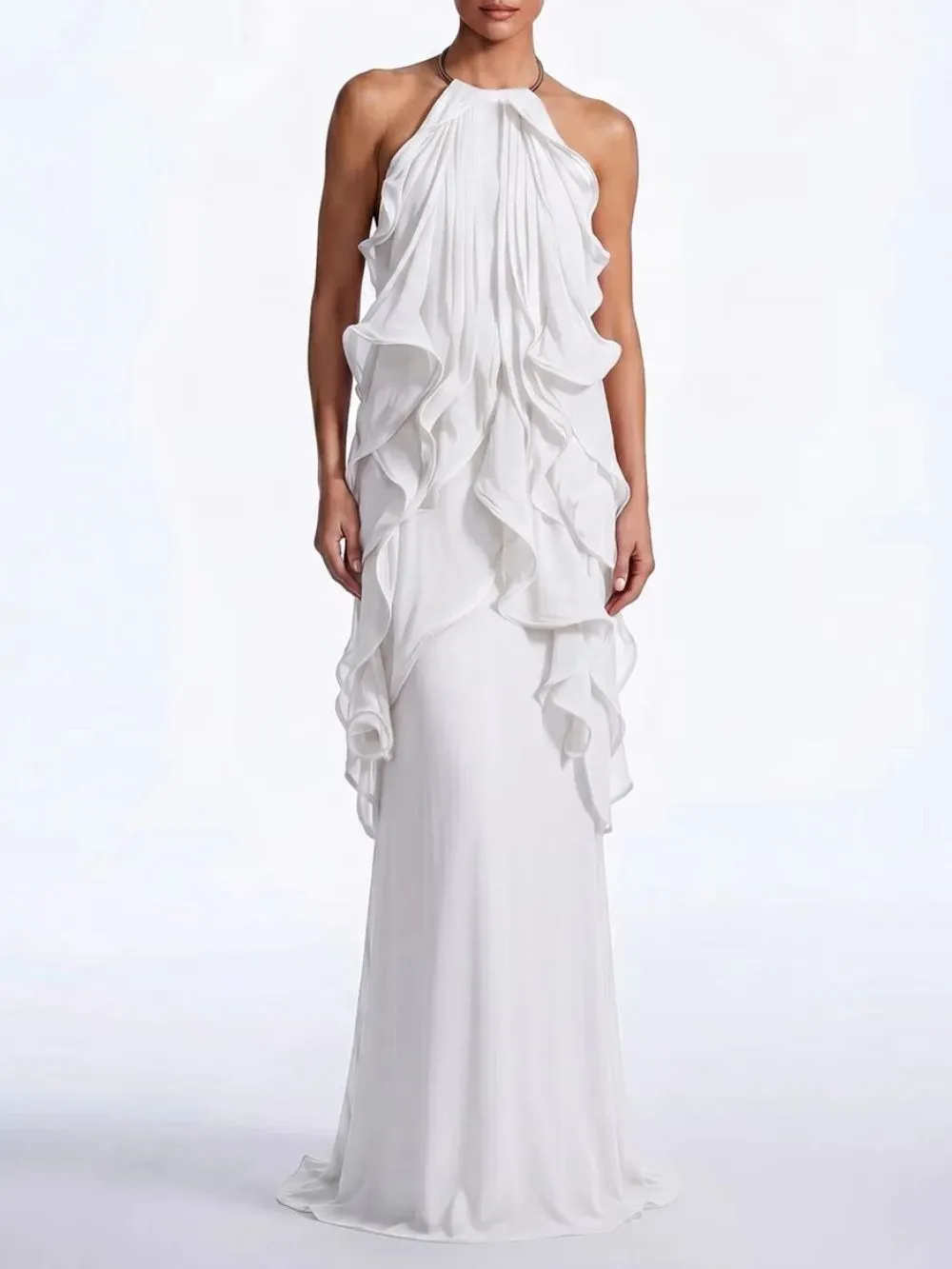Fashionslee Women Kaelum Backless Ruffle Maxi Dress In White
