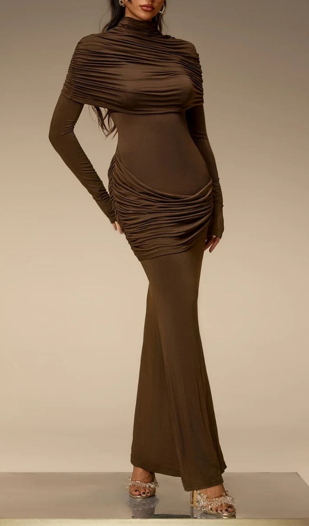 Fashionslee Women Cavero Cape Ruched Maxi Dress