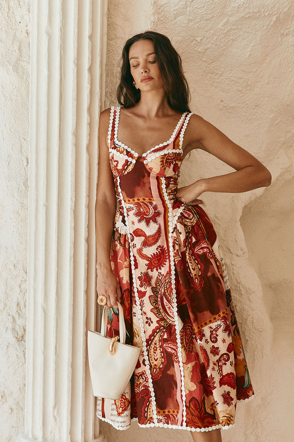 Pandora Spaghetti Strap Lace Linen Patchwork Midi Dress