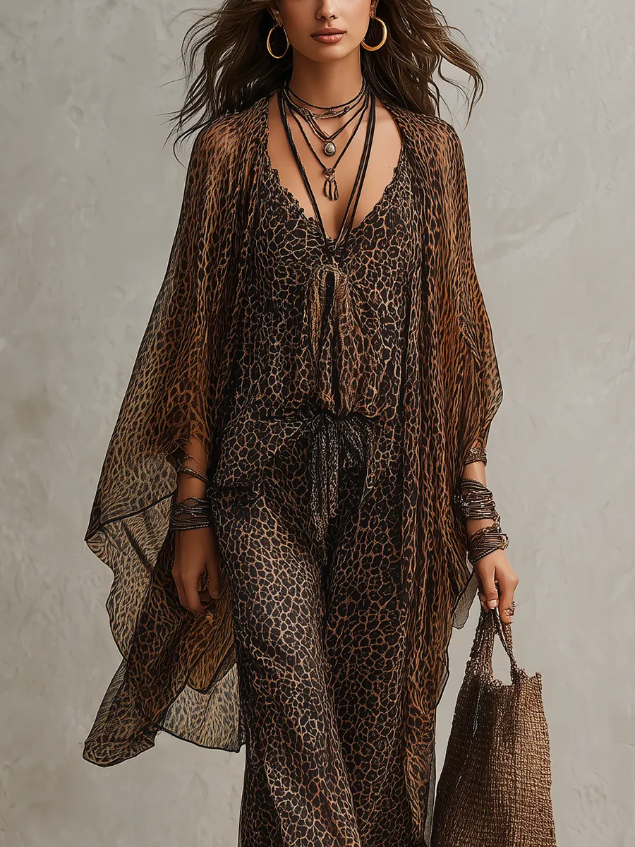 Bohemian Gradient Leopard Print Flowing Robe Three-piece Set - OWNCI