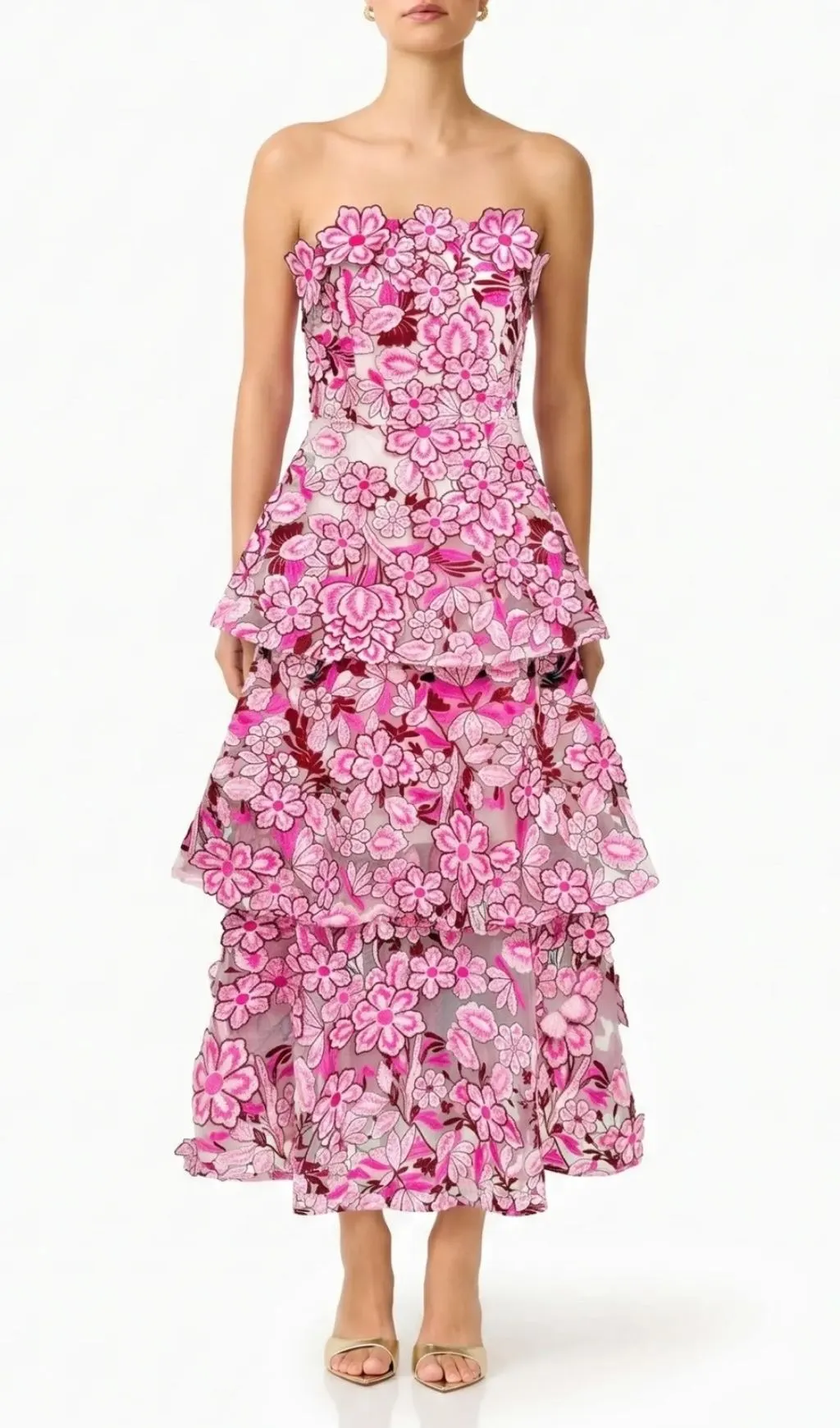 Fashionslee Women Maayan Pink Strapless Flower Embroidery Midi Dress