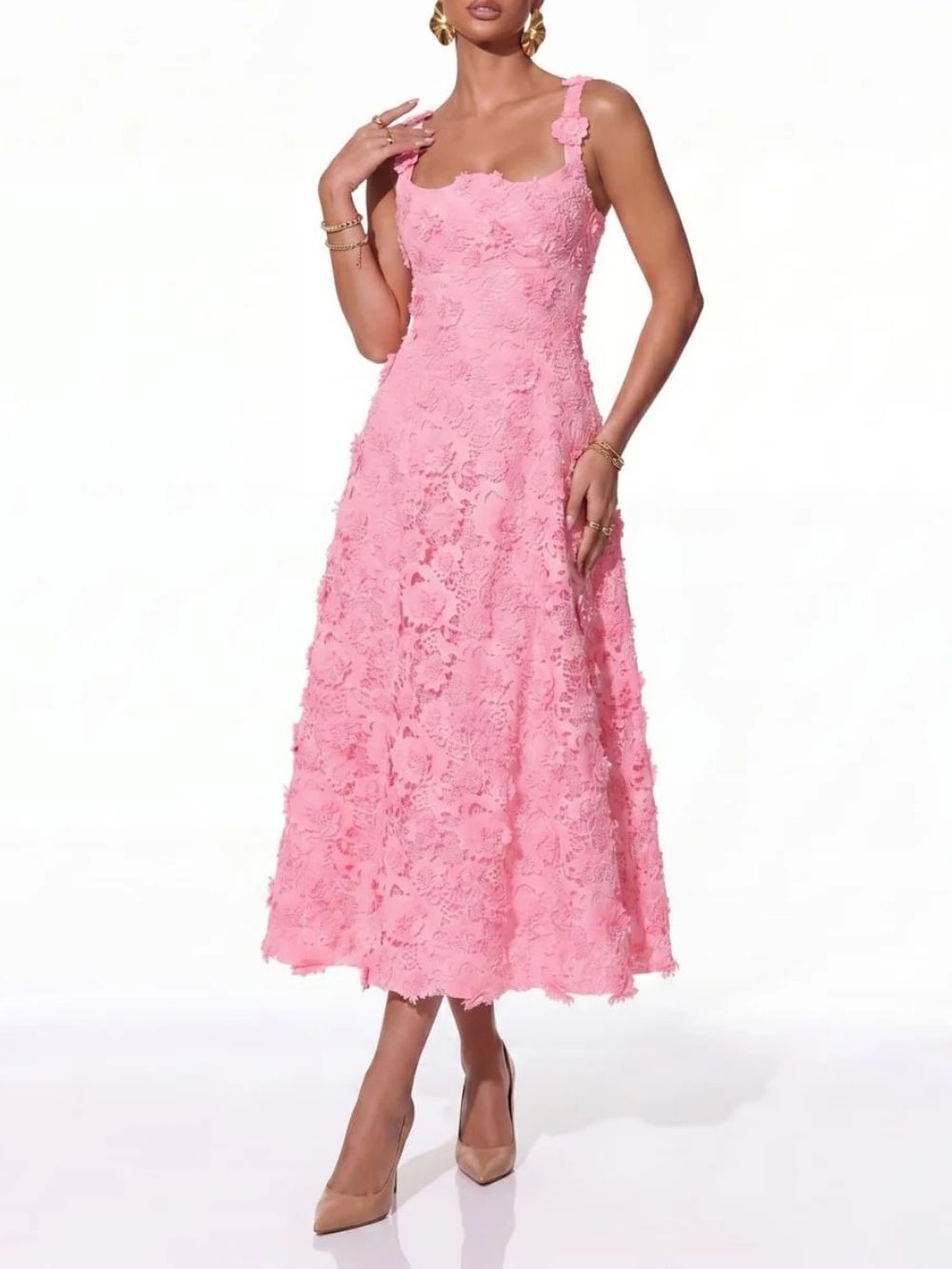 Triven Square Collar Flower Midi Dress