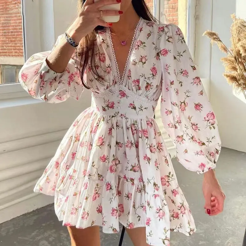 Printed V-Neck Puff Sleeve Lace Mini Dress - OWNCI Printed V-Neck Puff Sleeve Lace Mini Dress - OWNCI