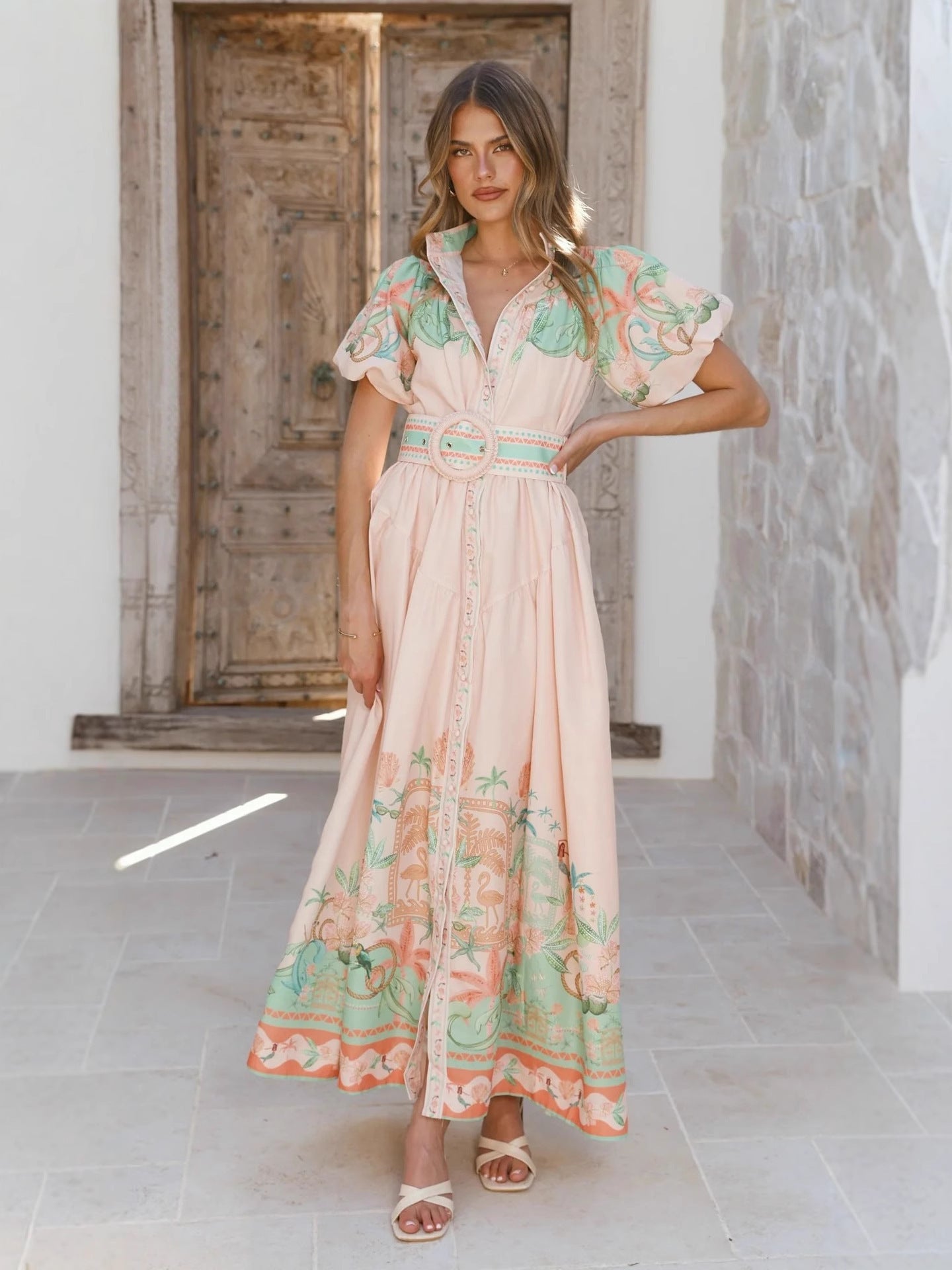 Pink Linen Loose Casual Belt Waist Midi Dress