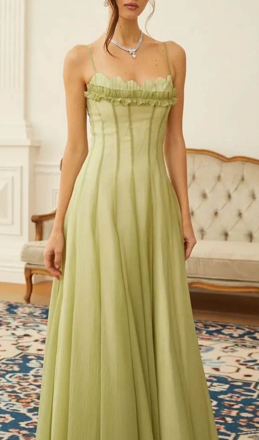 Matcha Ruffled Shirred Tulle Maxi Dress