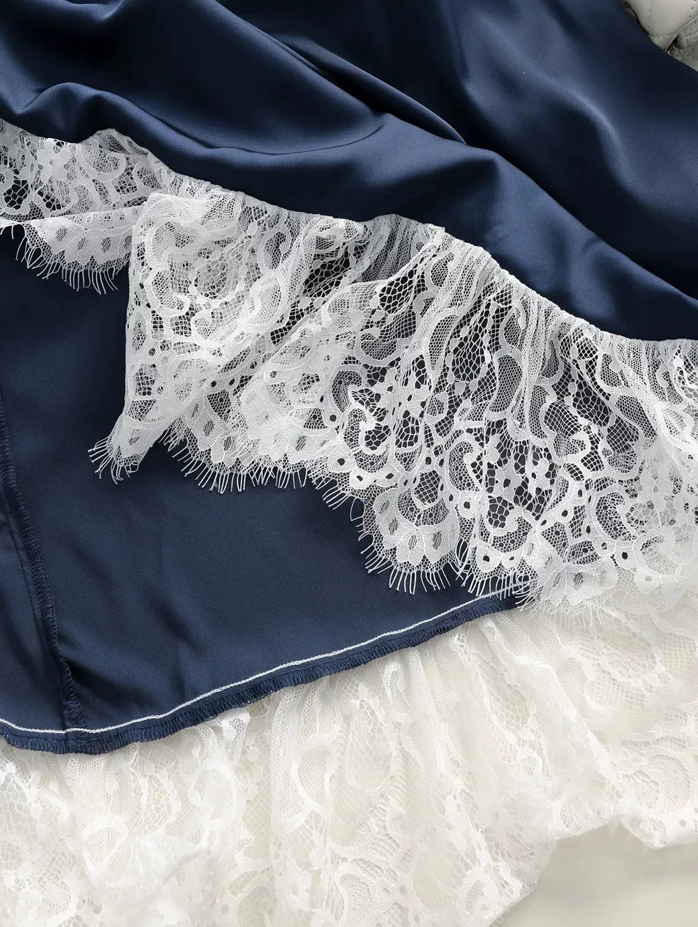 a09b2c807529c077b0d82e0be4da46f3 Navy Spaghetti Strap V-Neck Tiered Lace Fringe Maxi Dress
