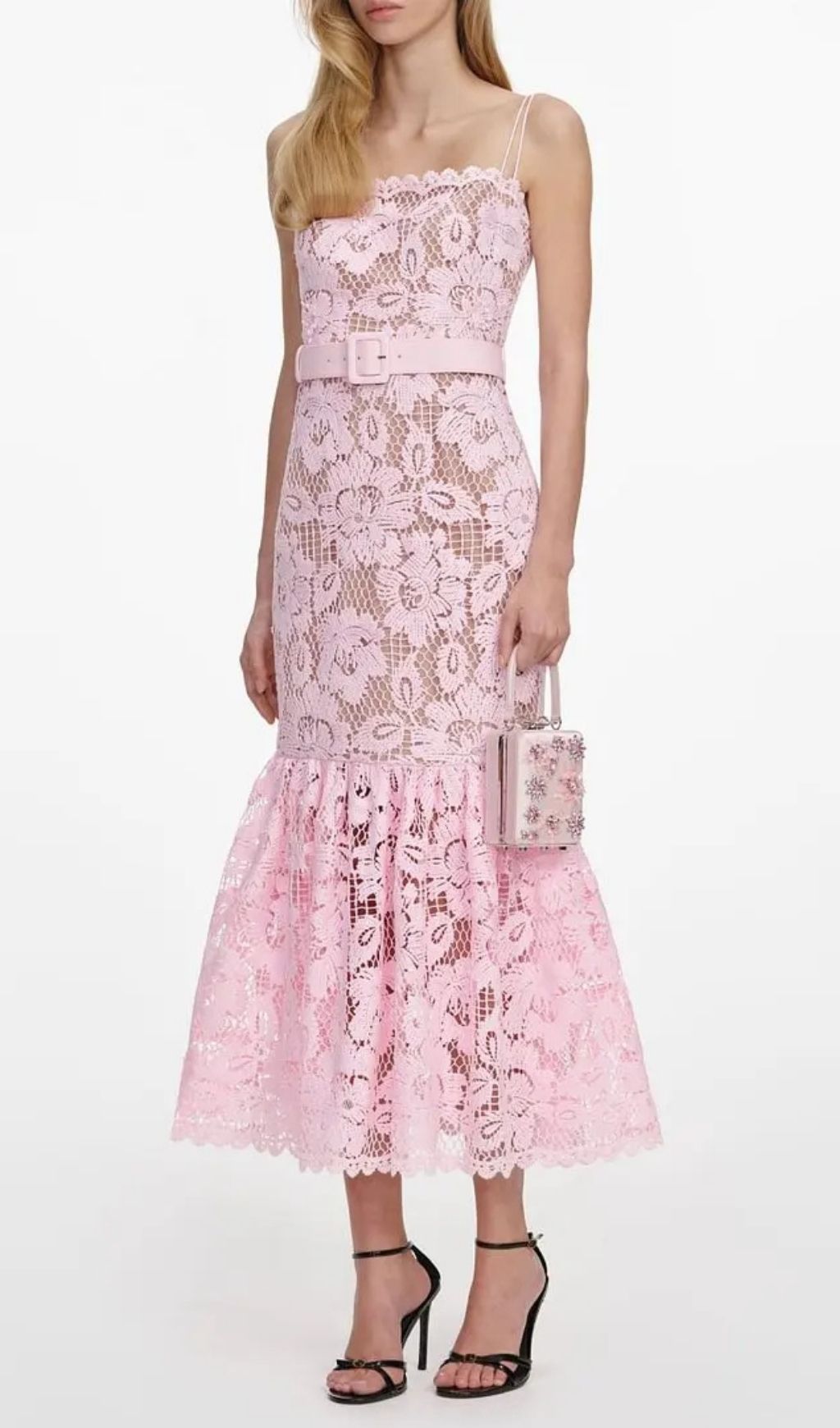 Simona Pink Crochet Lace Hollow Midi Dress