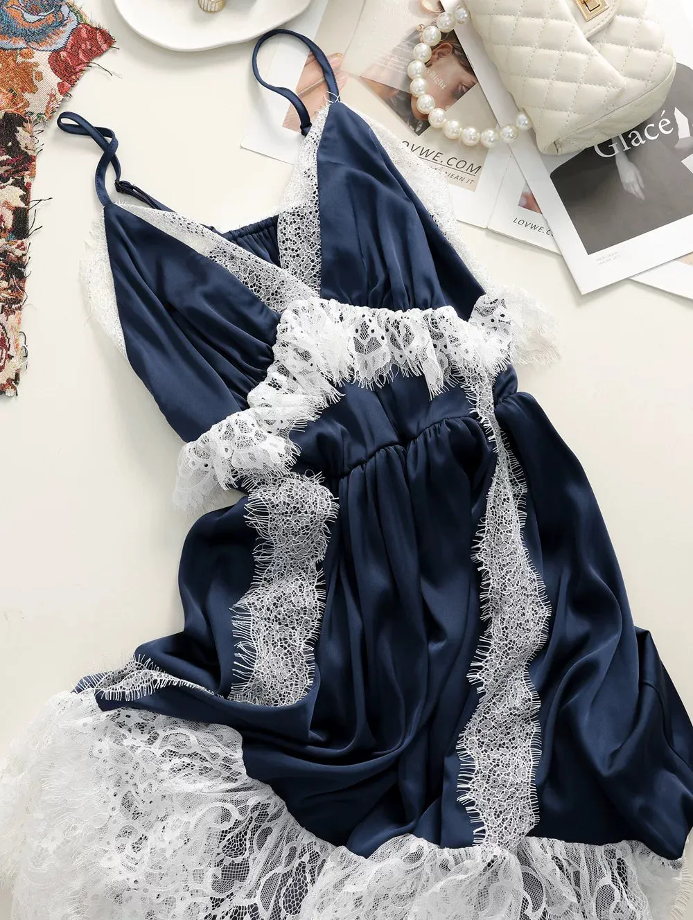 a0c144897244c62b1d7ef1f845300a57 Navy Spaghetti Strap V-Neck Tiered Lace Fringe Maxi Dress