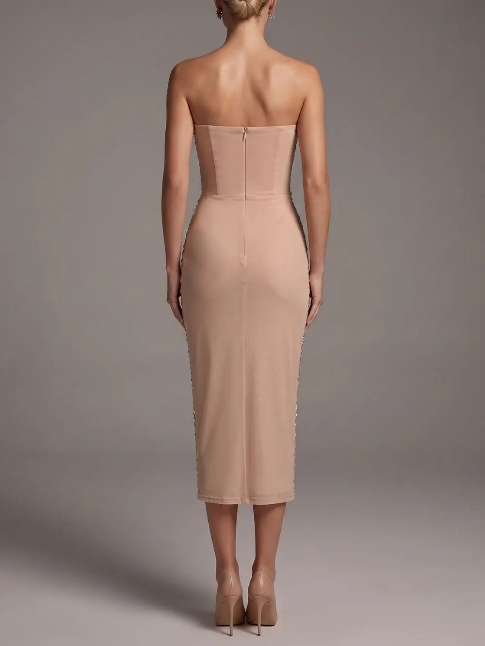 Malie Strapless Crystal Flower Embellished Midi Dress - OWNCI