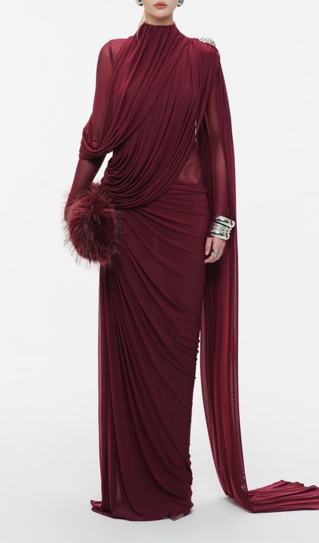 Lavan Wine Ruched Maxi Dress for Evening - red, textured maxi dress by OWNCI