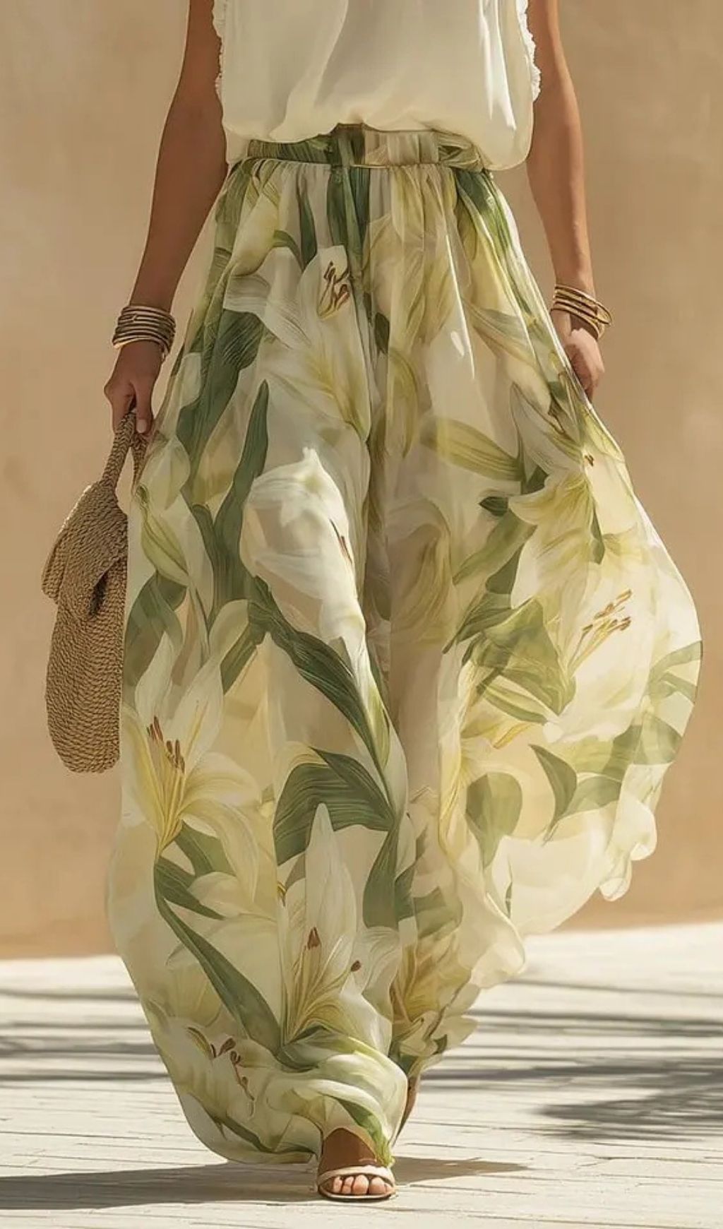 Vacation Chiffon Ruffled Sleeveless Top And Lily Print Pants Set