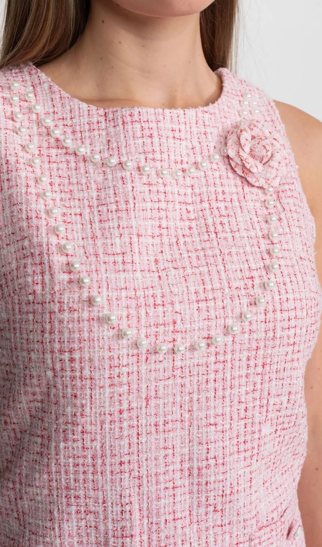 a2ac10ca9a714672e6dfb2ba9800fcd1 Laurel Pink Flower Sleeveless Tweed Mini Dress With Pearl Trim