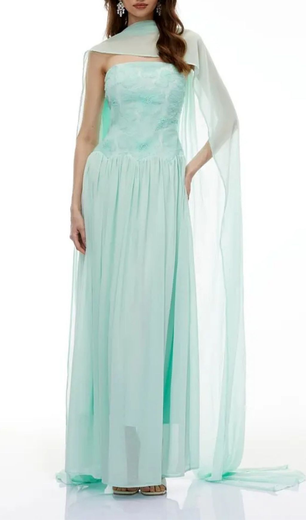 Rebecca Green Floral Embroidered Pleated Maxi Dress