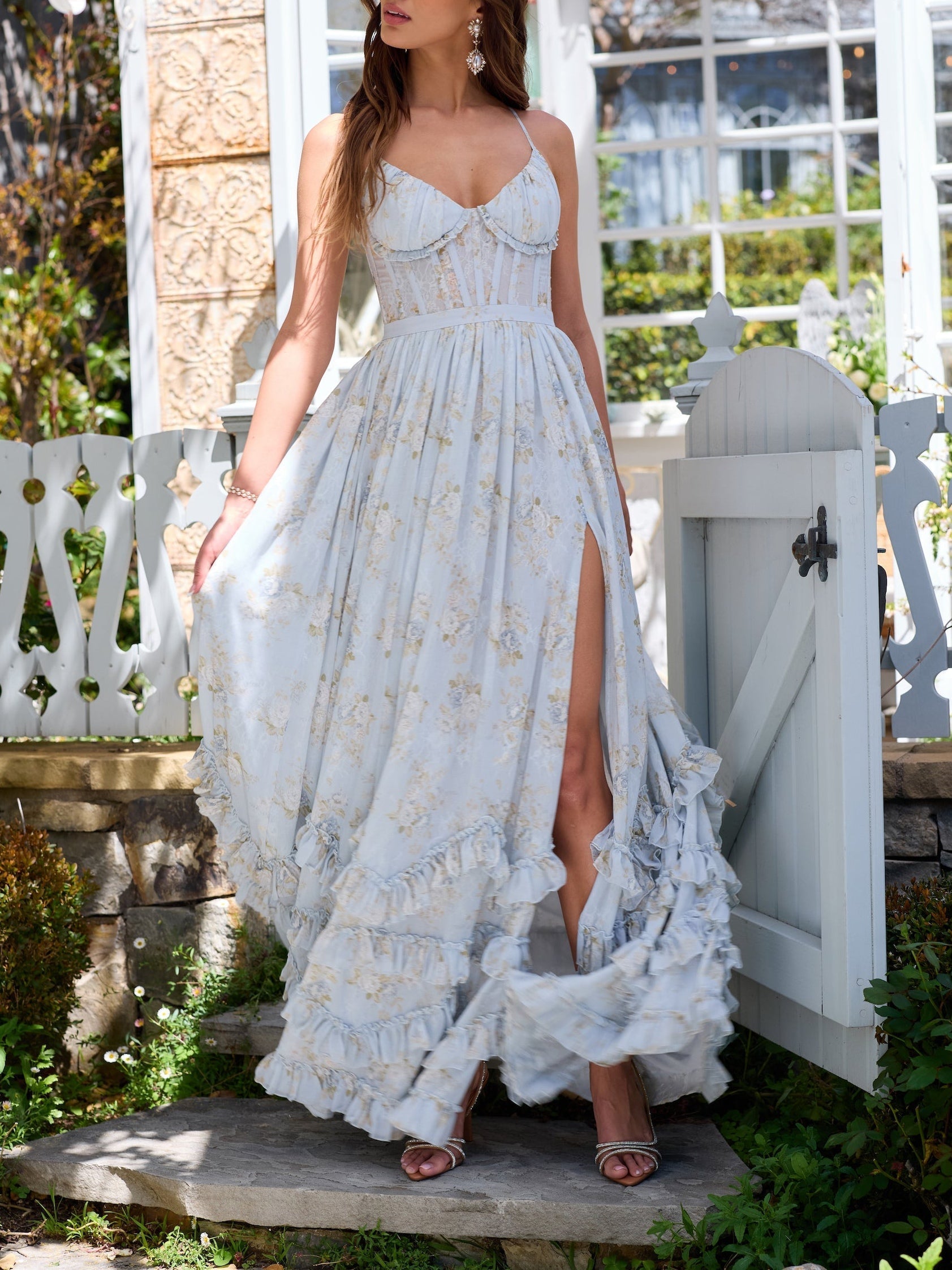 Floral Frill Split Maxi Dress - OWNCI Floral Frill Split Maxi Dress - OWNCI