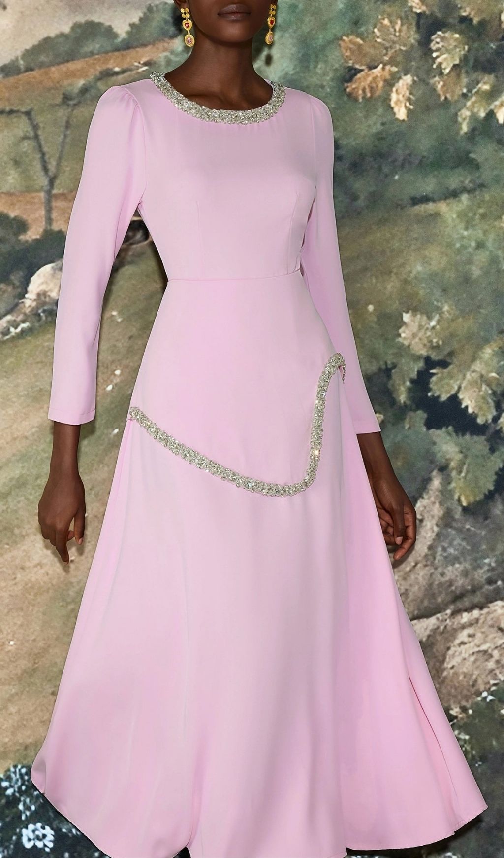 a3154c553d20b43e44c98da4547921d0 Damla Rhinestone Embellished Long Sleeve Midi Dress - Pink