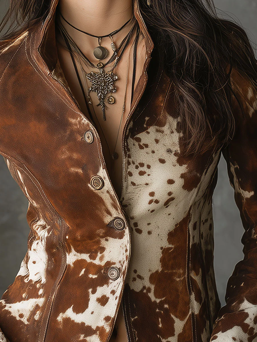 a34490b9dd73bd617566800b46495174 Vintage Stand-up Collar Cow Print Slim-fit Jacket