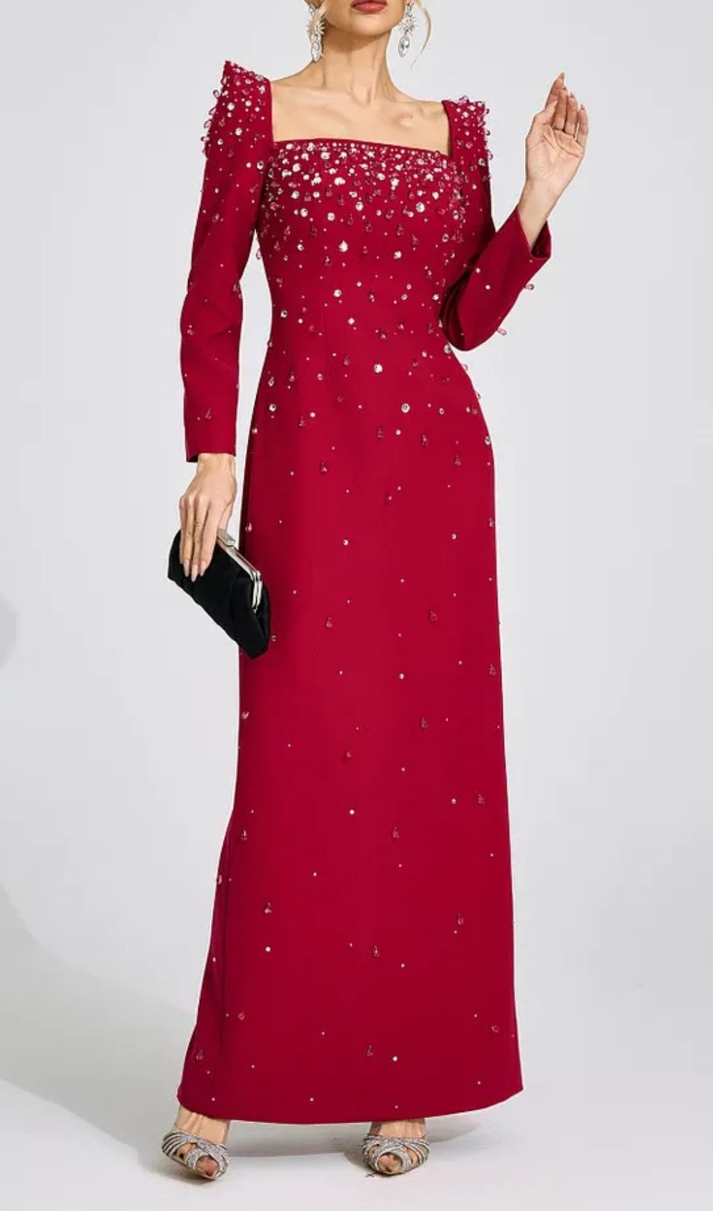Lynn Square Neck Beaded Rhinestone Maxi Dress - Burgundy