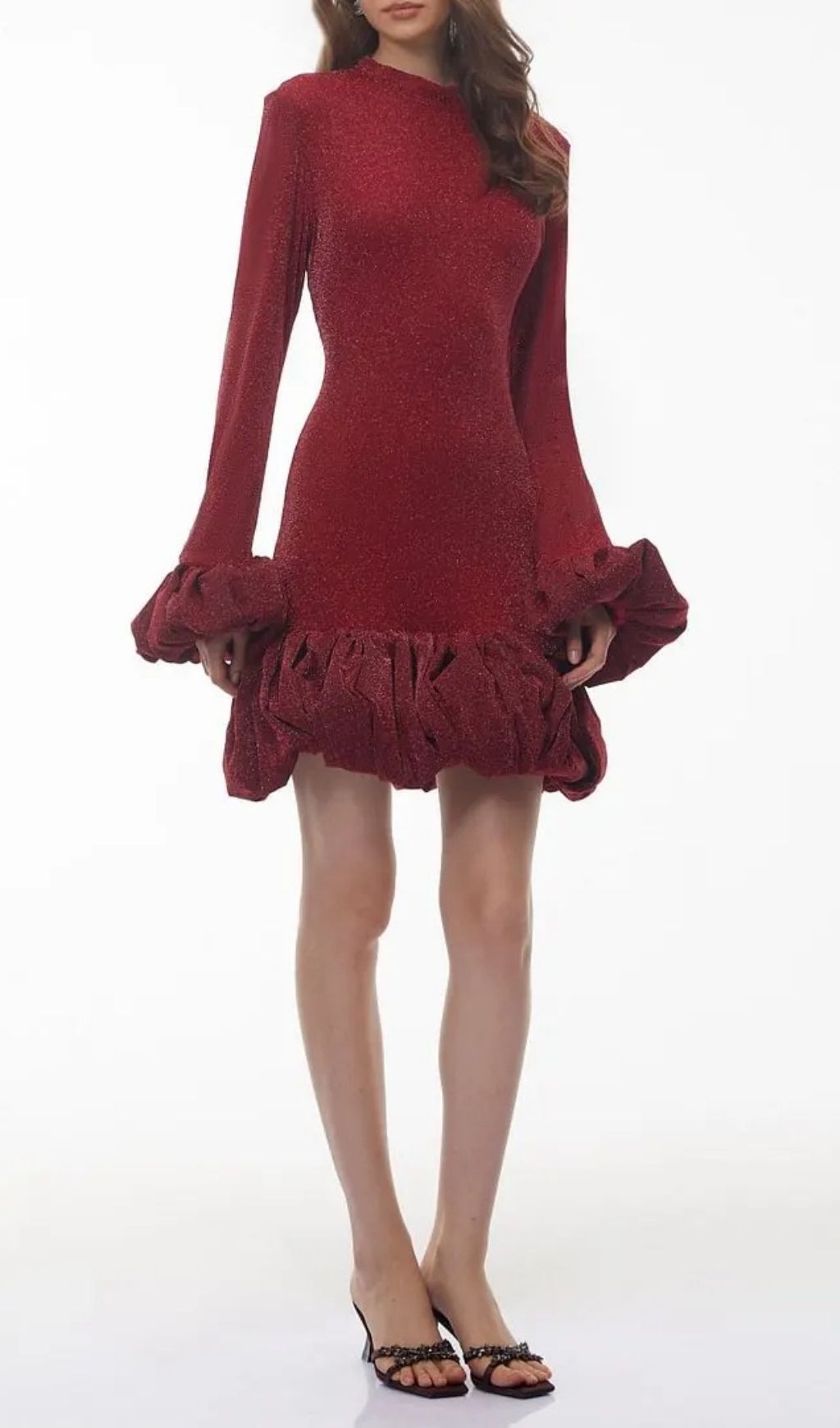 a34bcc08b9cbce5402623e764f64d9c7 Tabitha Long Sleeve Midi Dress With Ruffled Trim - Burgundy
