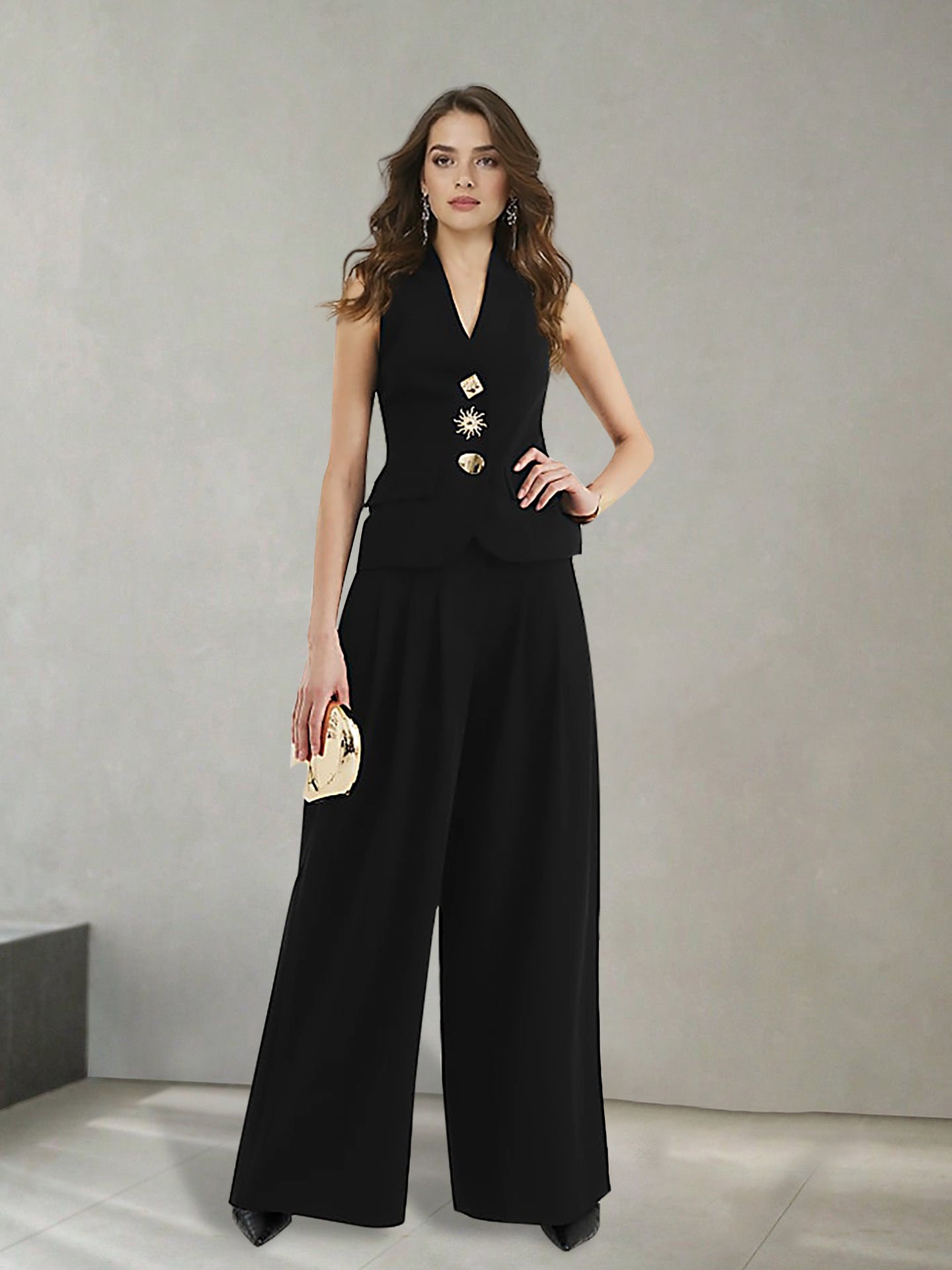 a35783660df2413341f10e5236325aaa Black High Waist Pleated Wide Leg Suit Trousers Office Formal Loose Straight Dress Pants