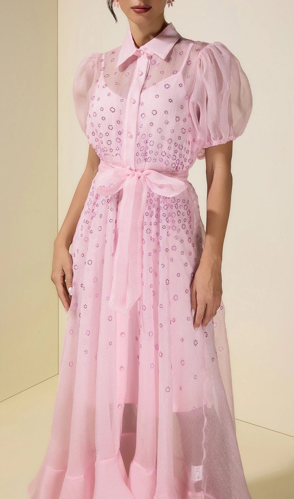Sylvia Rhinestone Puff Sleeve Maxi Dress With Belt – Pink - OWNCI
