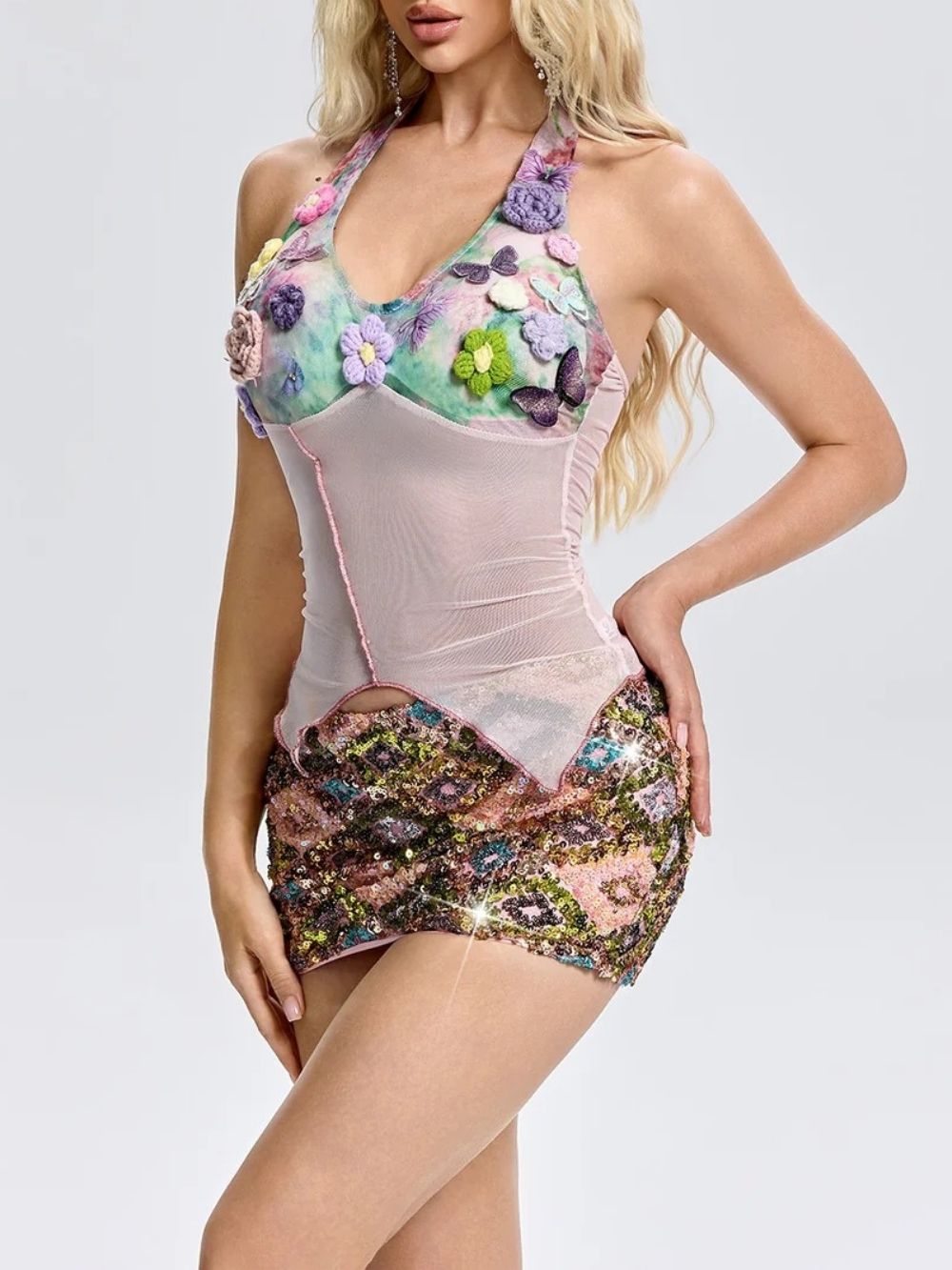 a3830ab8c39d58aa13dc378a9fe437e1 Fayola Halterneck Flower Mesh Top