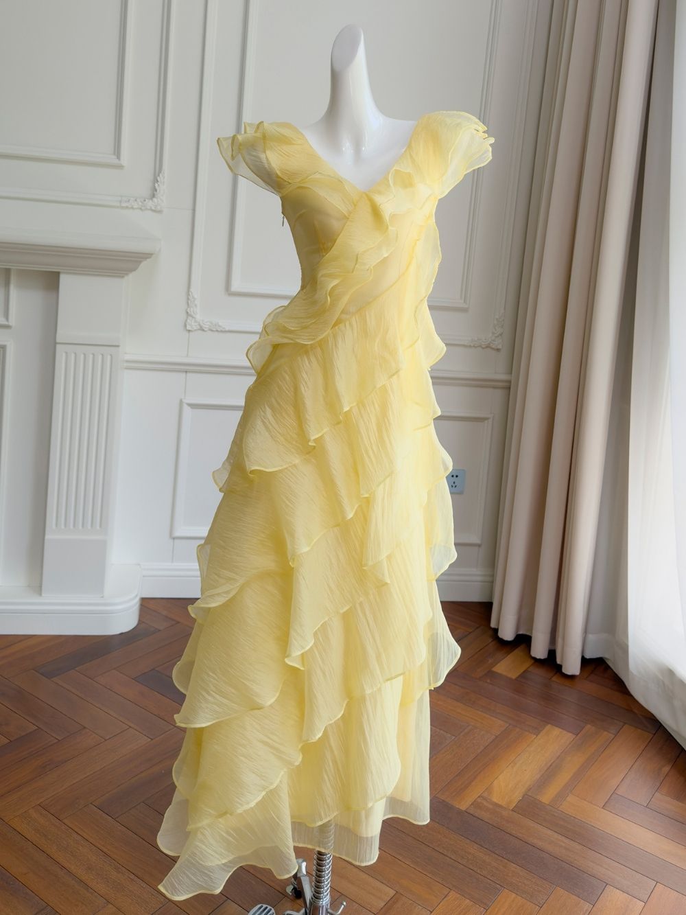 Off Shoulder Ruffled Layer Chiffon Maxi Evening Dress