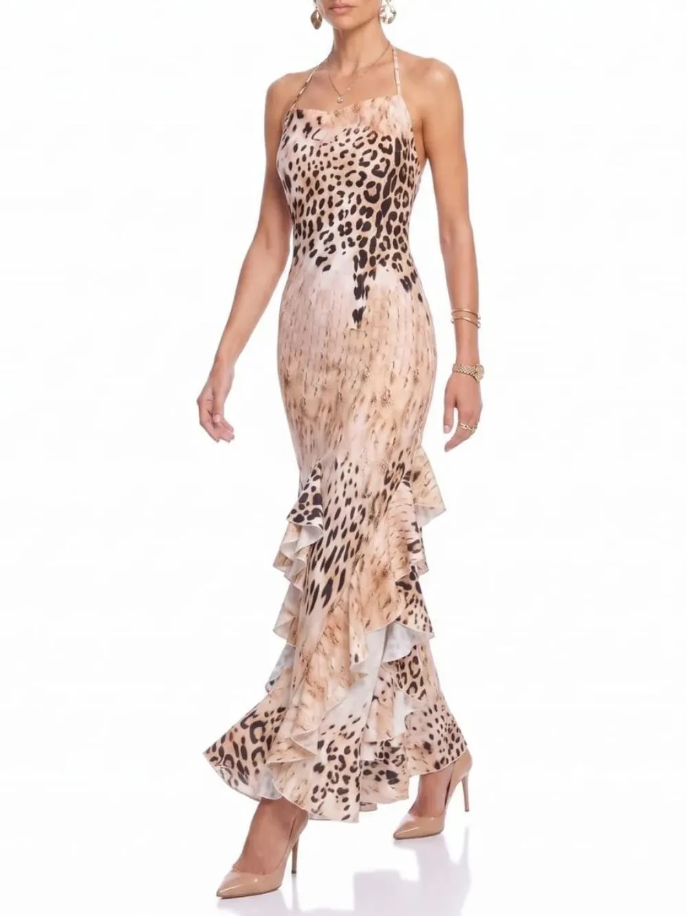 a3d741c9fed133247511f65f5ca12152 Sylvaren Halterneck Leopard Ruffle Maxi Dress