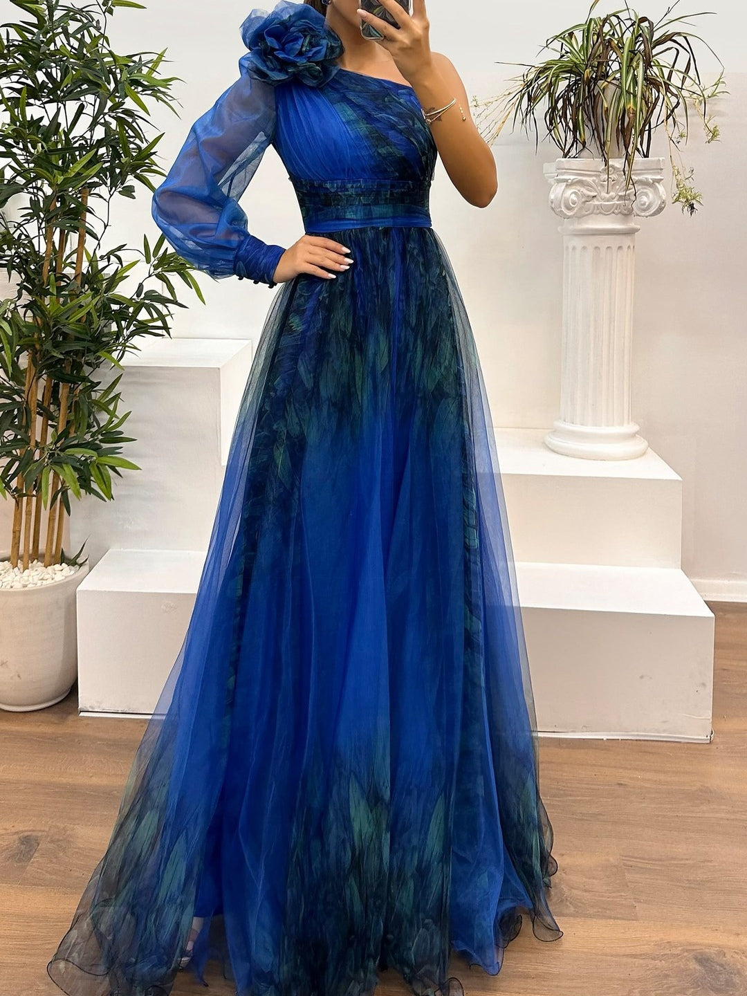 a3ddf5de512b8f738f4fdc47eeef9dd7 One Shoulder Mesh Abstract Gradient Print Maxi Dress