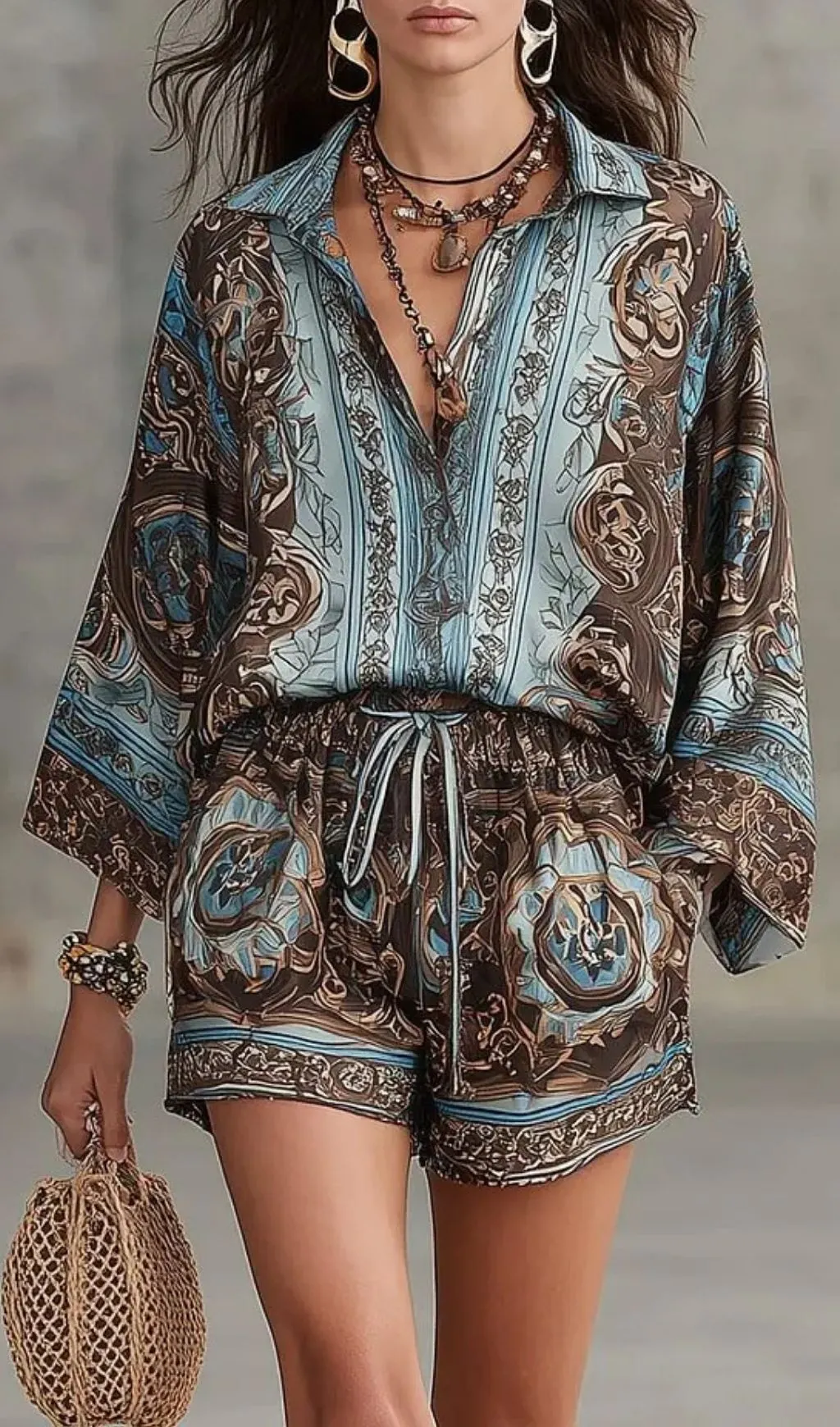 Vacation Baroque Totem Print Shirt and Shorts Set