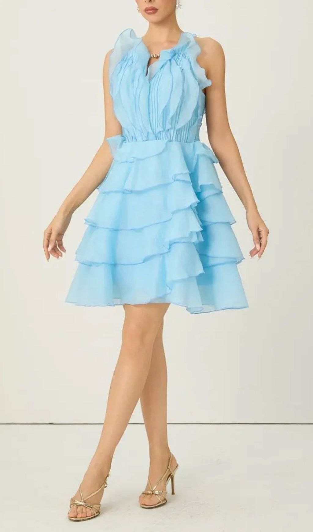 Juliet Blue Pleated Bodice Tiered Ruffle Mini Dress